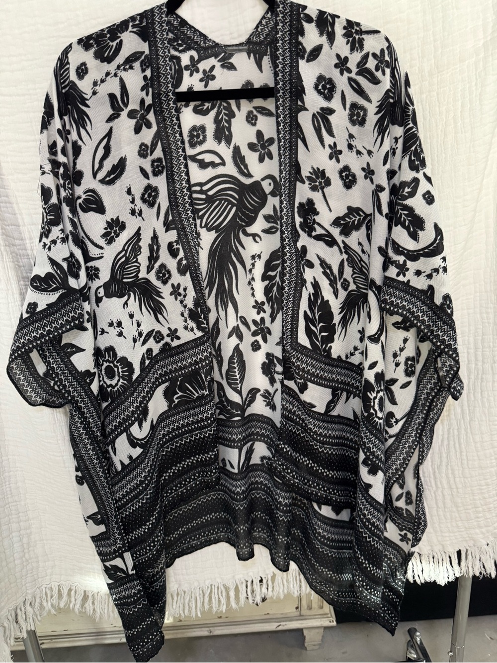 Black and White Floral Bird Kimono Cover-Up